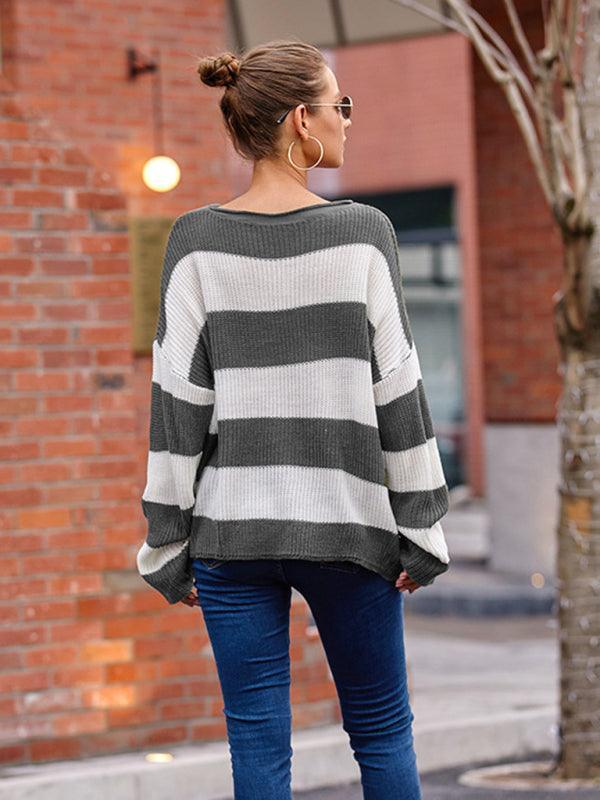 Women's rolled round neck striped color block sweater - 808Lush