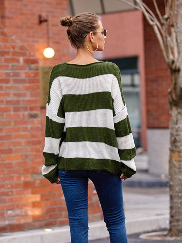 Women's rolled round neck striped color block sweater - 808Lush