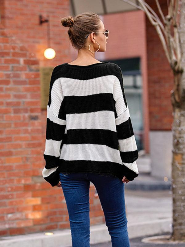 Women's rolled round neck striped color block sweater - 808Lush