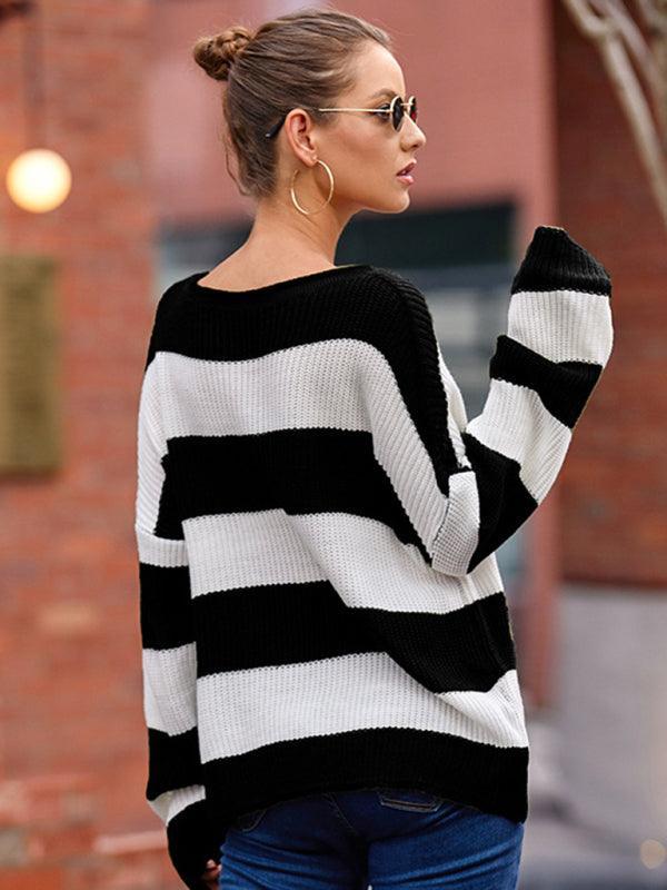 Women's rolled round neck striped color block sweater - 808Lush