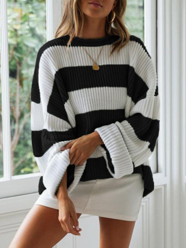 Women's rolled round neck striped color block sweater - 808Lush