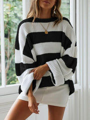 Women's rolled round neck striped color block sweater - 808Lush