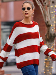Women's rolled round neck striped color block sweater - 808Lush