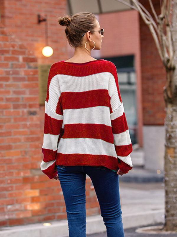Women's rolled round neck striped color block sweater - 808Lush