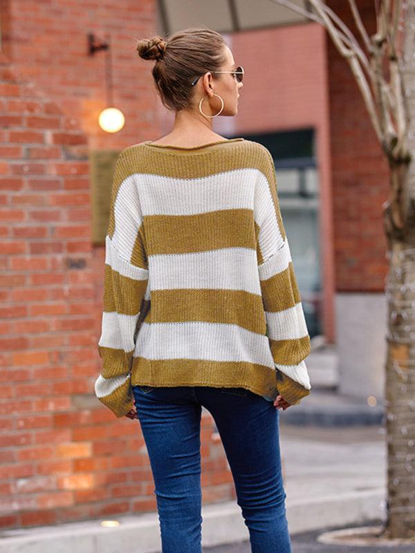 Women's rolled round neck striped color block sweater - 808Lush