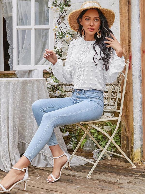 Women's round neck balloon sleeve solid color lace shirt - 808Lush