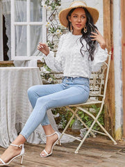 Women's round neck balloon sleeve solid color lace shirt - 808Lush