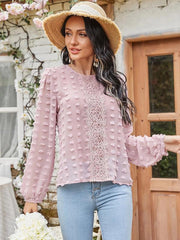 Women's round neck balloon sleeve solid color lace shirt - 808Lush