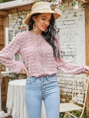 Women's round neck balloon sleeve solid color lace shirt - 808Lush