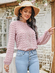 Women's round neck balloon sleeve solid color lace shirt - 808Lush