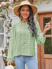 Women's round neck balloon sleeve solid color lace shirt - 808Lush