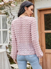 Women's round neck balloon sleeve solid color lace shirt - 808Lush