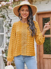 Women's round neck balloon sleeve solid color lace shirt - 808Lush