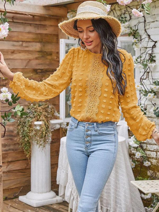 Women's round neck balloon sleeve solid color lace shirt - 808Lush