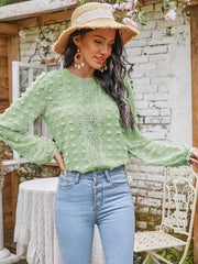 Women's round neck balloon sleeve solid color lace shirt - 808Lush
