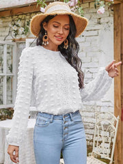 Women's round neck balloon sleeve solid color lace shirt - 808Lush