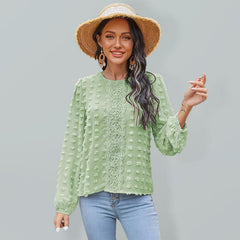 Women's round neck balloon sleeve solid color lace shirt - 808Lush