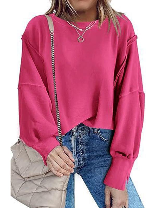 Women's round neck loose side slit long sleeve sweatshirt - 808Lush