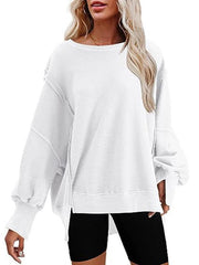 Women's round neck loose side slit long sleeve sweatshirt - 808Lush