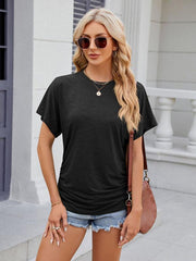 Women's round neck pleated short-sleeved loose T-shirt top - 808Lush
