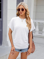 Women's round neck pleated short-sleeved loose T-shirt top - 808Lush
