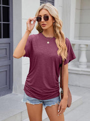 Women's round neck pleated short-sleeved loose T-shirt top - 808Lush