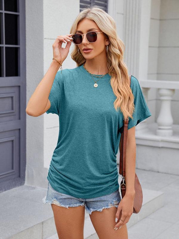 Women's round neck pleated short-sleeved loose T-shirt top - 808Lush