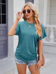 Women's round neck pleated short-sleeved loose T-shirt top - 808Lush