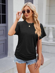Women's round neck pleated short-sleeved loose T-shirt top - 808Lush