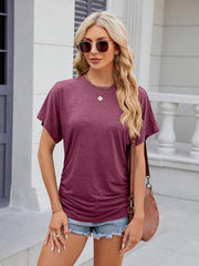 Women's round neck pleated short-sleeved loose T-shirt top - 808Lush
