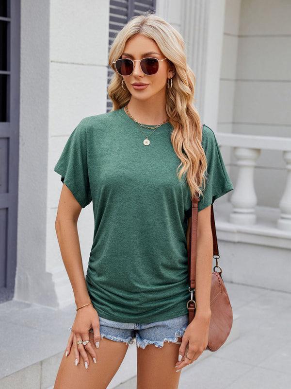Women's round neck pleated short-sleeved loose T-shirt top - 808Lush