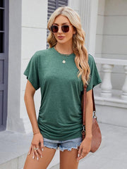 Women's round neck pleated short-sleeved loose T-shirt top - 808Lush
