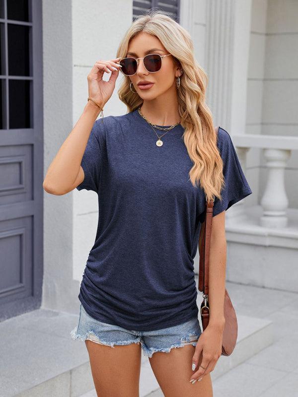 Women's round neck pleated short-sleeved loose T-shirt top - 808Lush