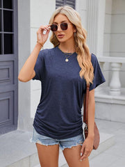 Women's round neck pleated short-sleeved loose T-shirt top - 808Lush