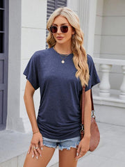 Women's round neck pleated short-sleeved loose T-shirt top - 808Lush