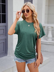 Women's round neck pleated short-sleeved loose T-shirt top - 808Lush