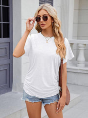 Women's round neck pleated short-sleeved loose T-shirt top - 808Lush