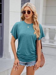 Women's round neck pleated short-sleeved loose T-shirt top - 808Lush