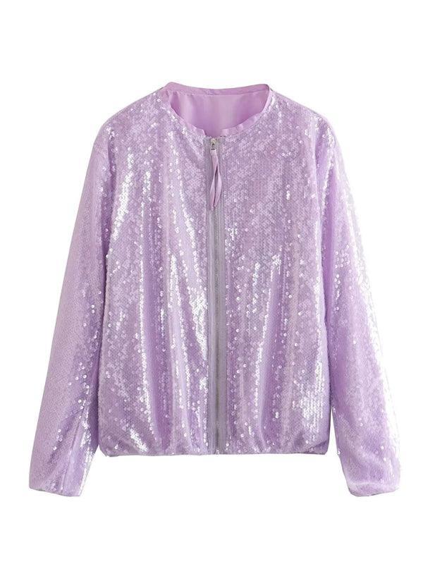 Women's round neck sequined motorcycle bomber jacket tops women's baseball uniform - 808Lush