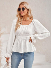 Women's round neck waist solid color lotus leaf sleeve top - 808Lush