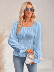Women's round neck waist solid color lotus leaf sleeve top - 808Lush