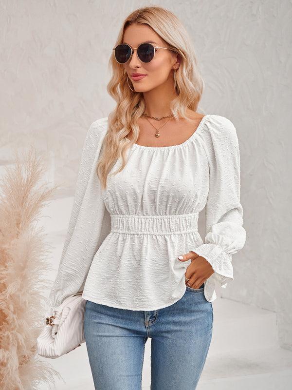 Women's round neck waist solid color lotus leaf sleeve top - 808Lush