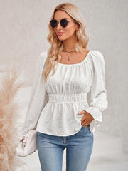 Women's round neck waist solid color lotus leaf sleeve top - 808Lush