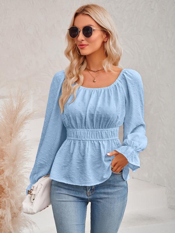 Women's round neck waist solid color lotus leaf sleeve top - 808Lush