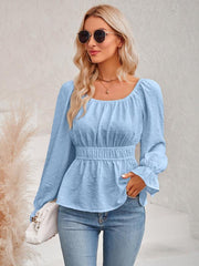 Women's round neck waist solid color lotus leaf sleeve top - 808Lush