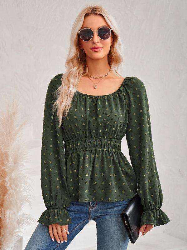 Women's round neck waist solid color lotus leaf sleeve top - 808Lush