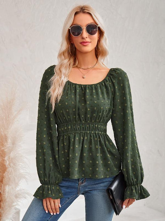 Women's round neck waist solid color lotus leaf sleeve top - 808Lush