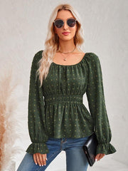 Women's round neck waist solid color lotus leaf sleeve top - 808Lush