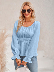 Women's round neck waist solid color lotus leaf sleeve top - 808Lush