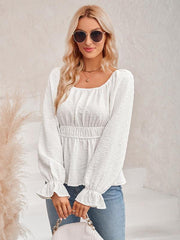 Women's round neck waist solid color lotus leaf sleeve top - 808Lush